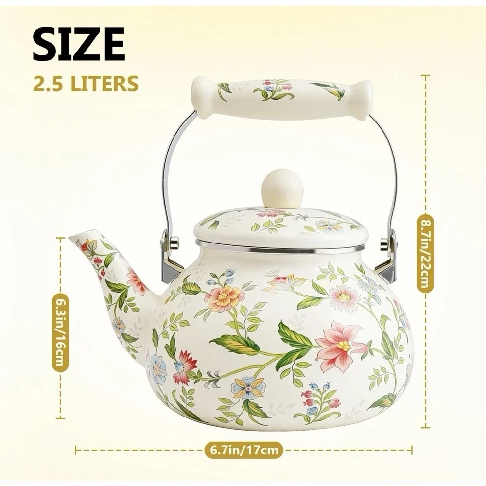 Floral Enamel Tea Pot Kettle Stove Top Porcelain  Cottage Core Farmhouse Nice! - Picture 14 of 15